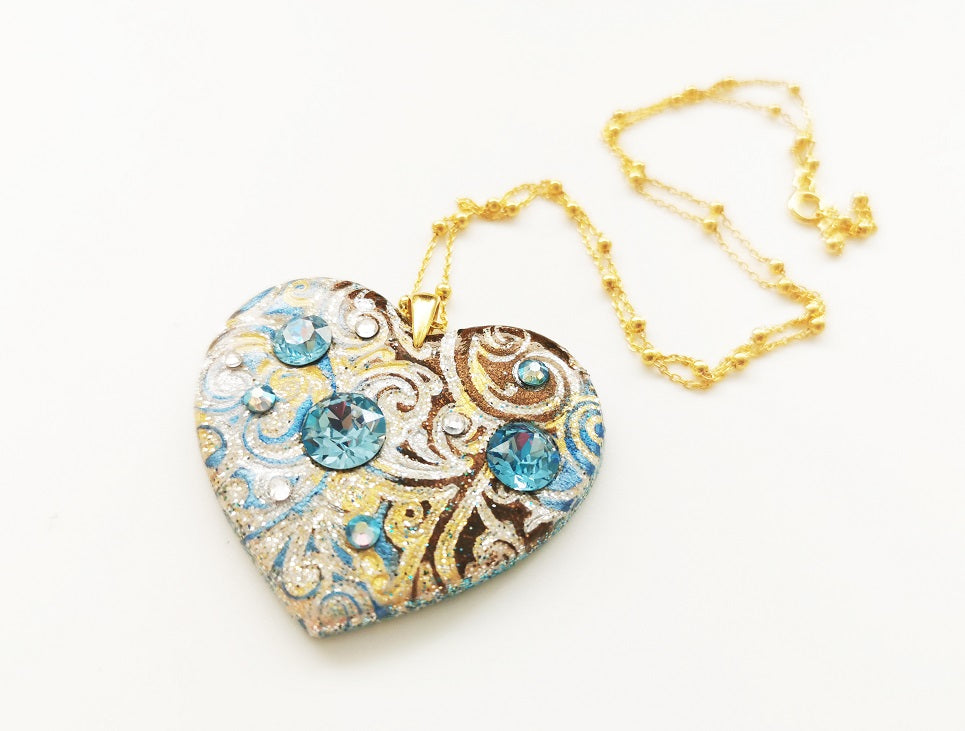 Precious Heart Aquamarine - Pendente a cuore con catenina, montatura in Argento placcato Oro 24 kt